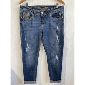 Seven‎ 7 Skinny Jeans Womens 10 Blue Medium Wash Distressed Rhinestones Stretchy